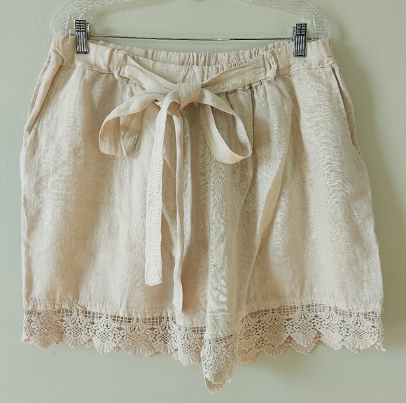 Lungo L'Arno Linen Shorts Plus Size 1X Beige Elastic Tie Waist Lace Trim Beach - Picture 1 of 8